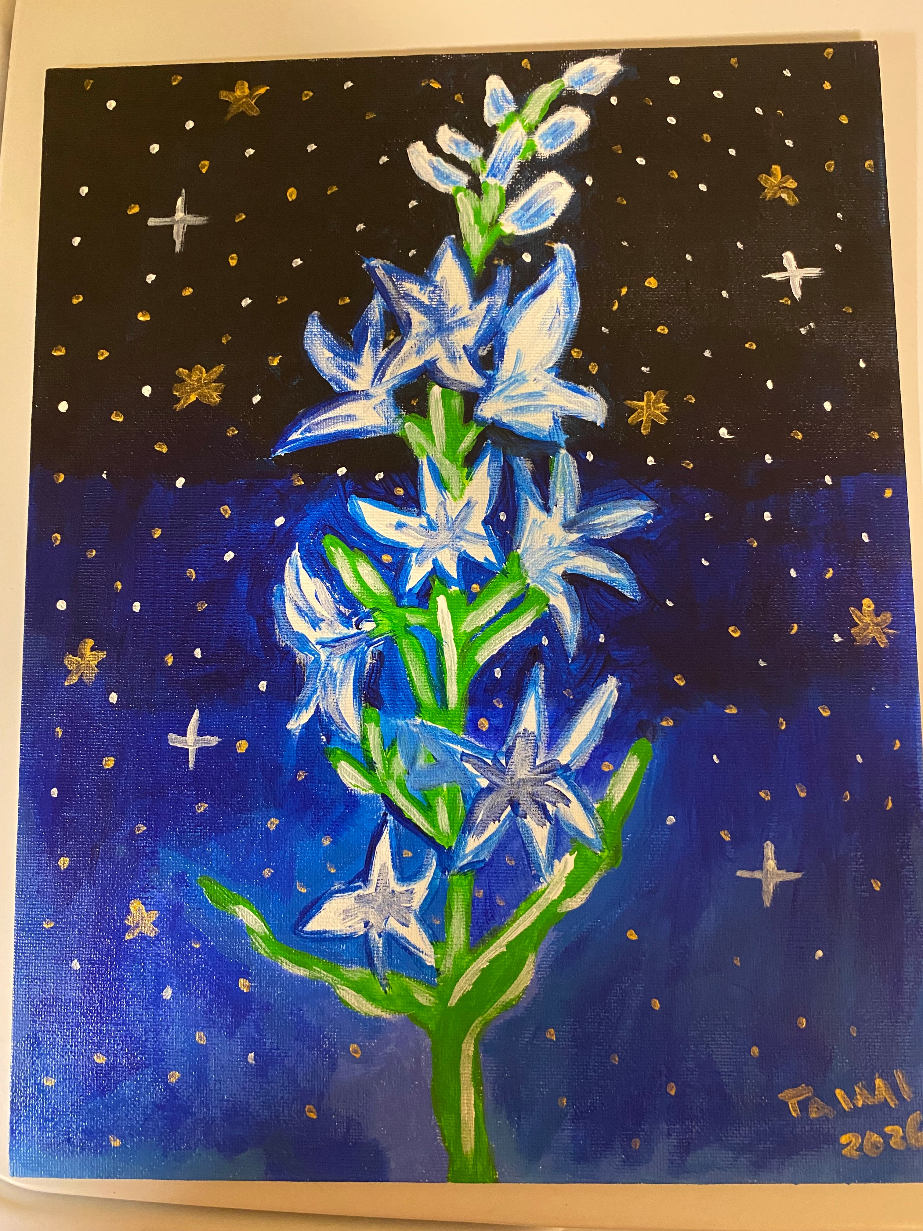 Espiga de Flores en Noche Estrellada — Pintura Acrílica Original