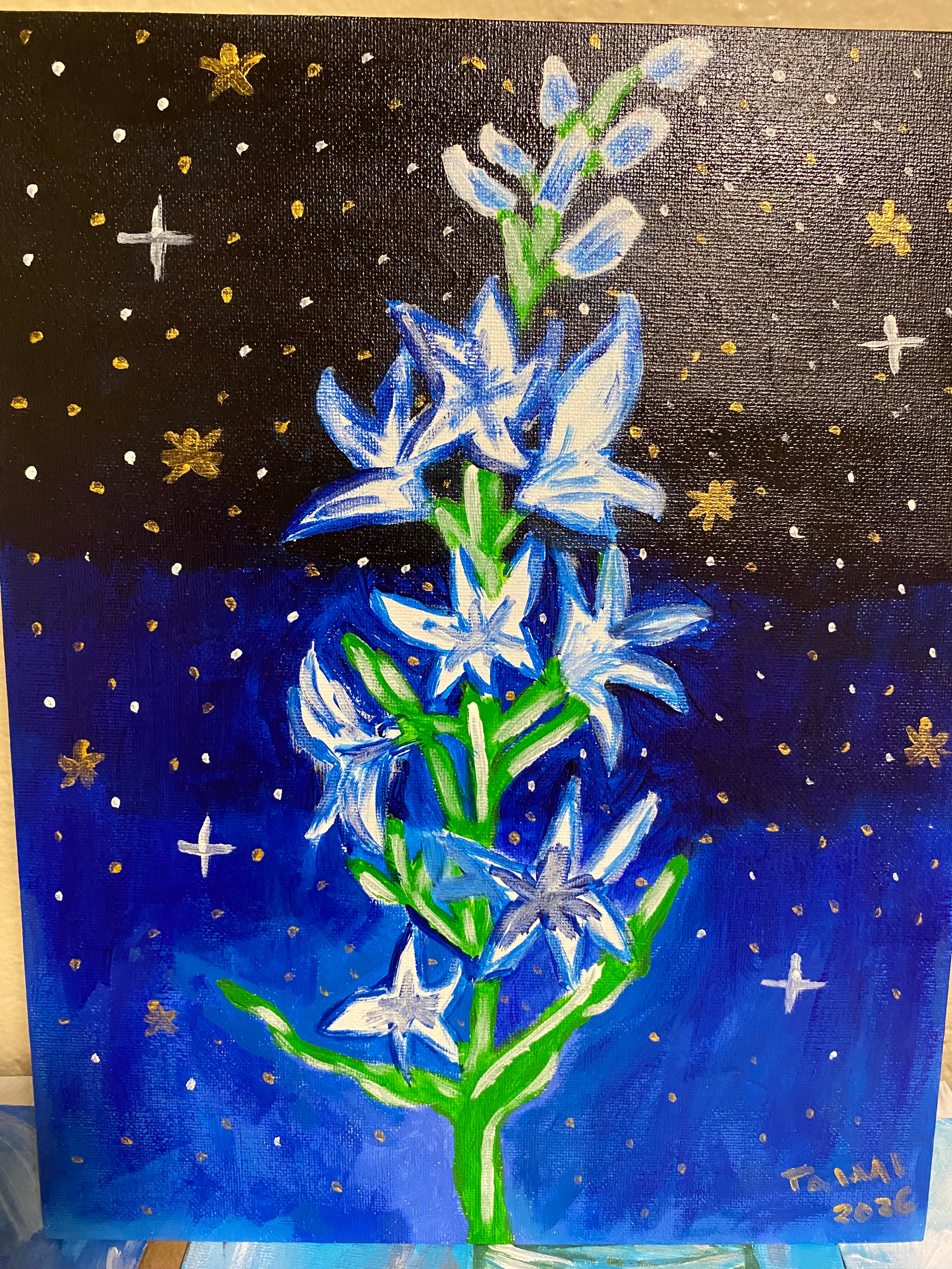 Espiga de Flores en Noche Estrellada — Pintura Acrílica Original